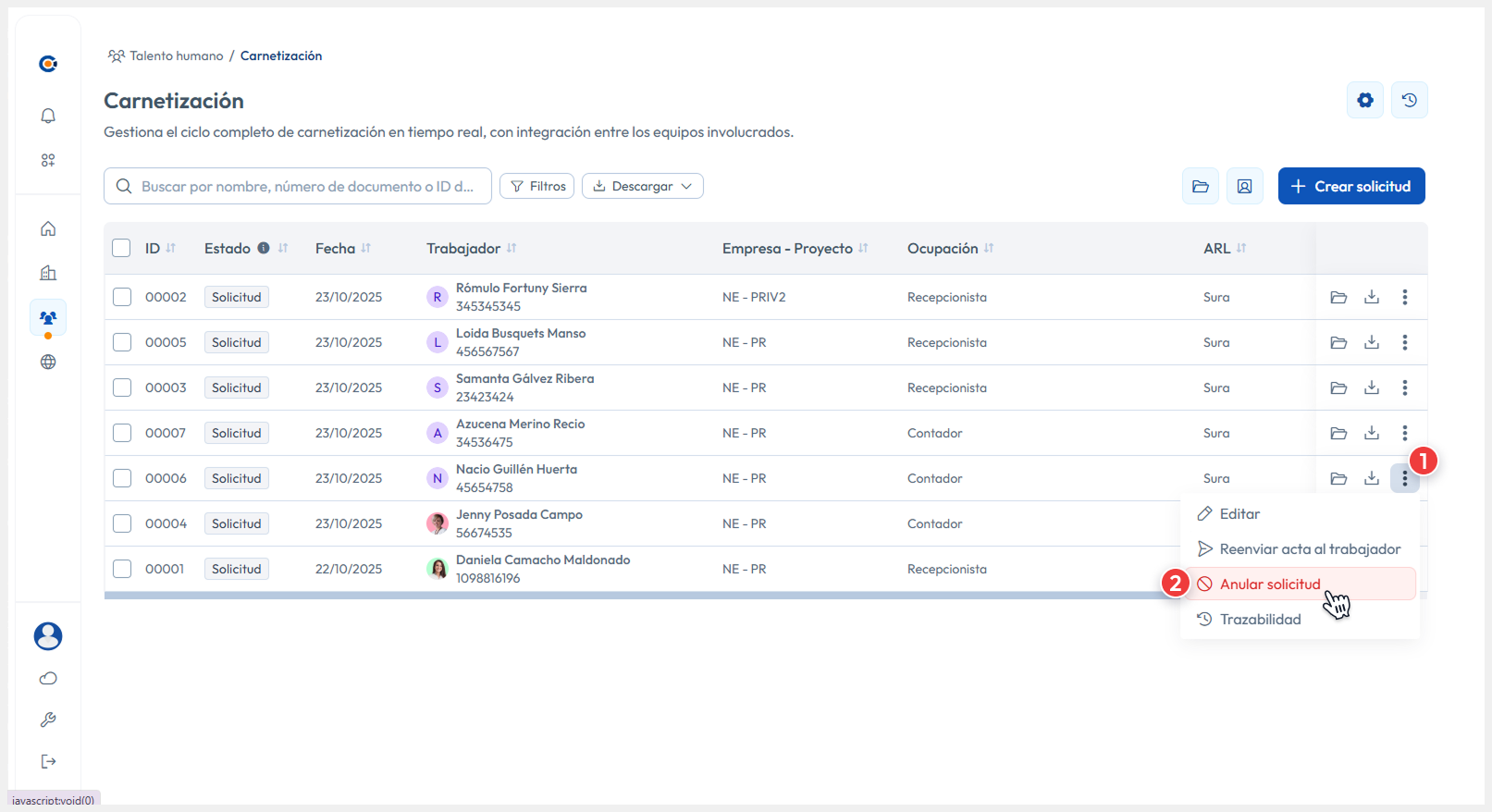 Vista de Carnetización señalando la casilla del registro
