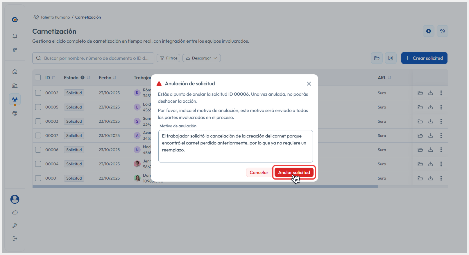 Modal de anulación individual señalando el botón de Anular solicitud