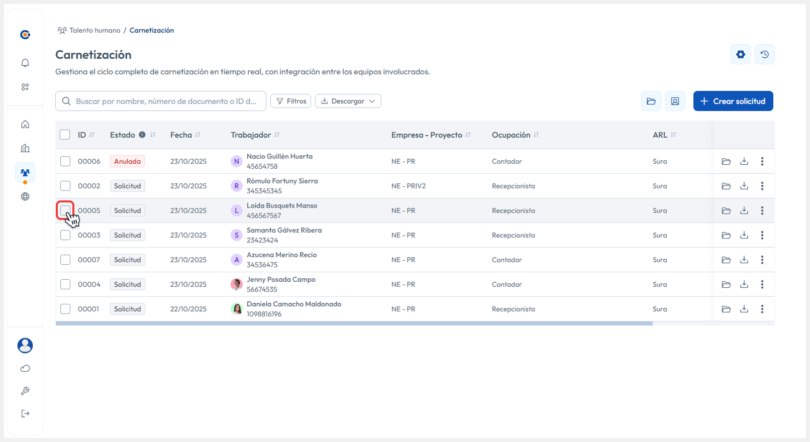 Vista de Carnetización señalando la casilla del registro
