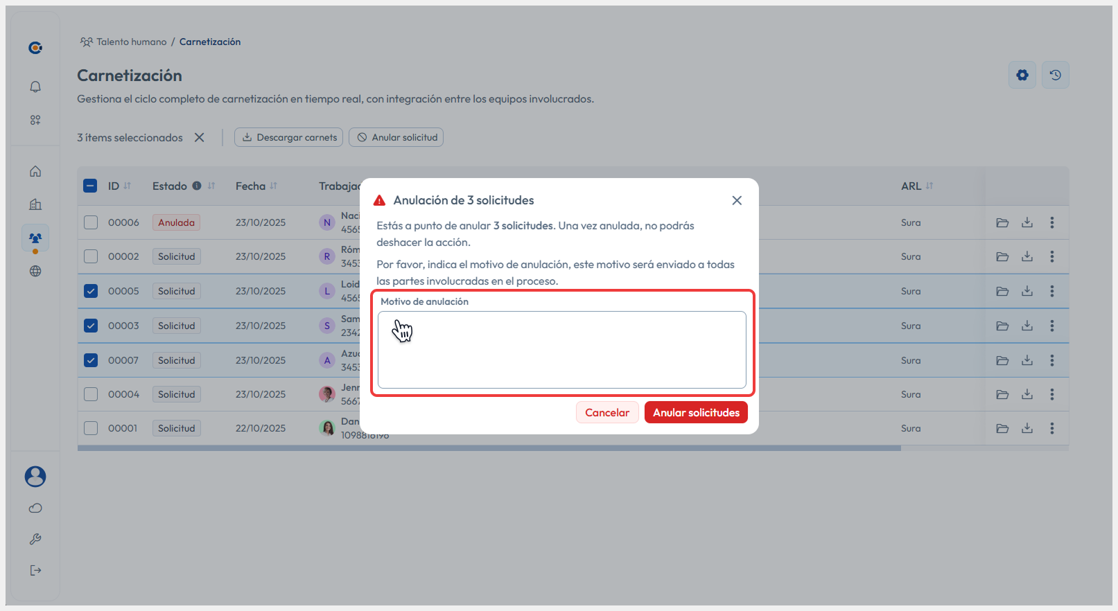 Vista de modal señalando el campo de Motivo de anulación