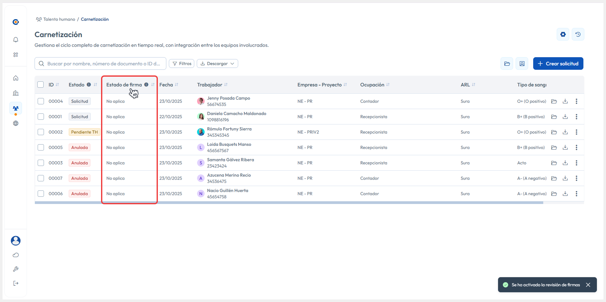 Vista principal del módulo con la revisión de firmas activada