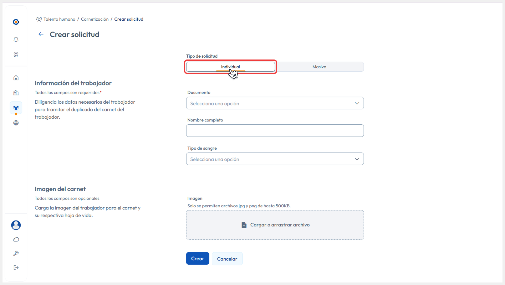 Vista de Crear solicitud, seleccionado Tipo de solicitud Individual