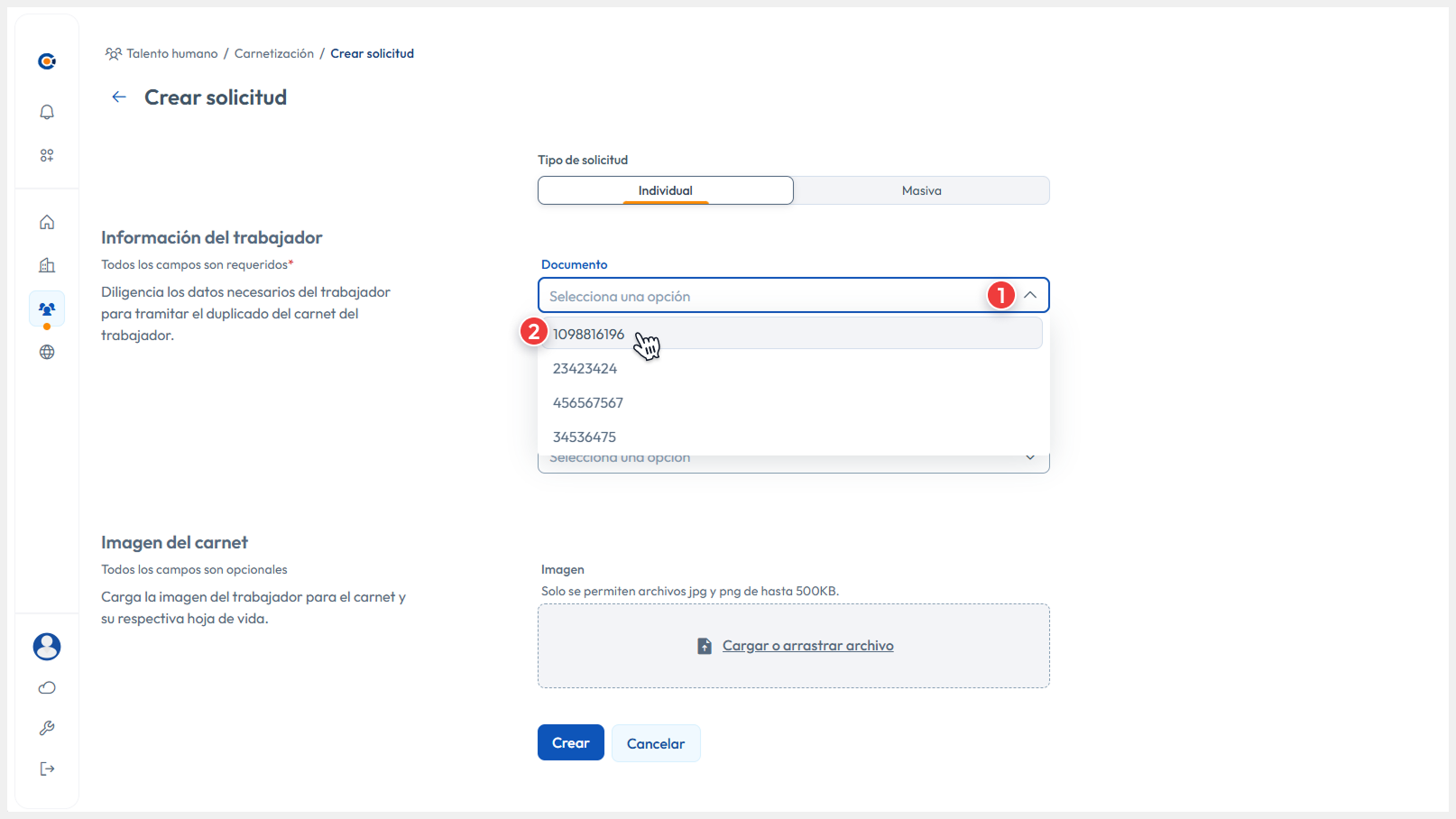 Vista de Crear solicitud, seleccionando el documento del Trabajador