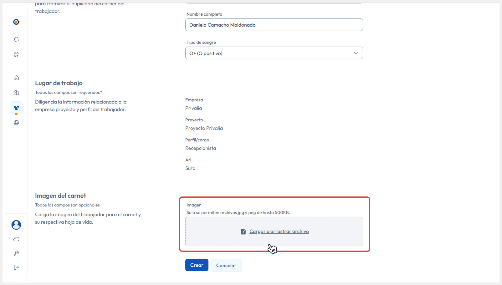 Vista de Crear solicitud, cargando la imagen del trabajador.
