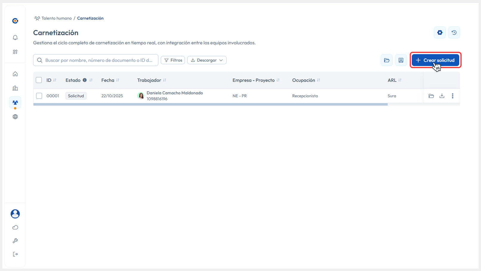 Vista principal apuntando al botón de Crear solicitud
