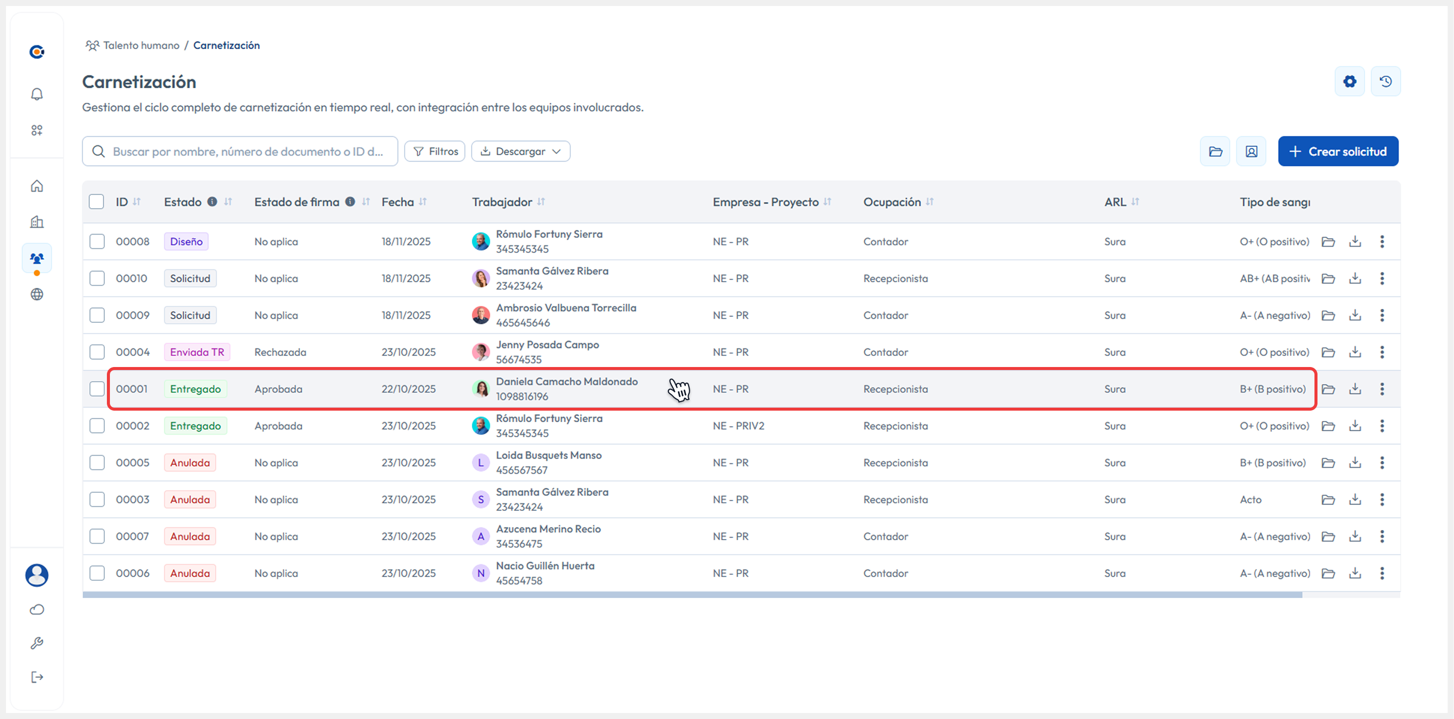 Vista principal apuntando a la fila de la solicitud