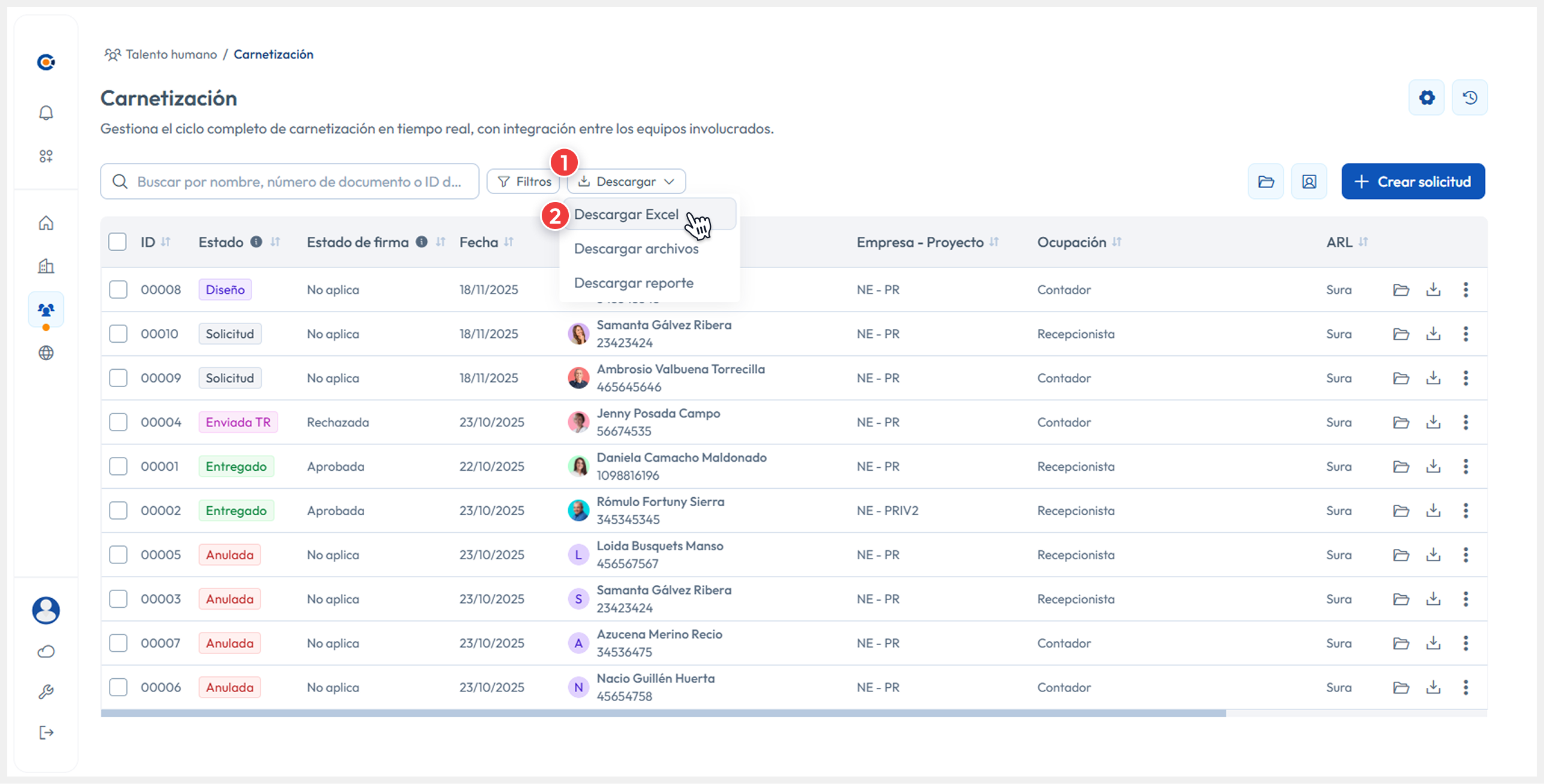 Vista de Carnetización señalando el botón de descargar