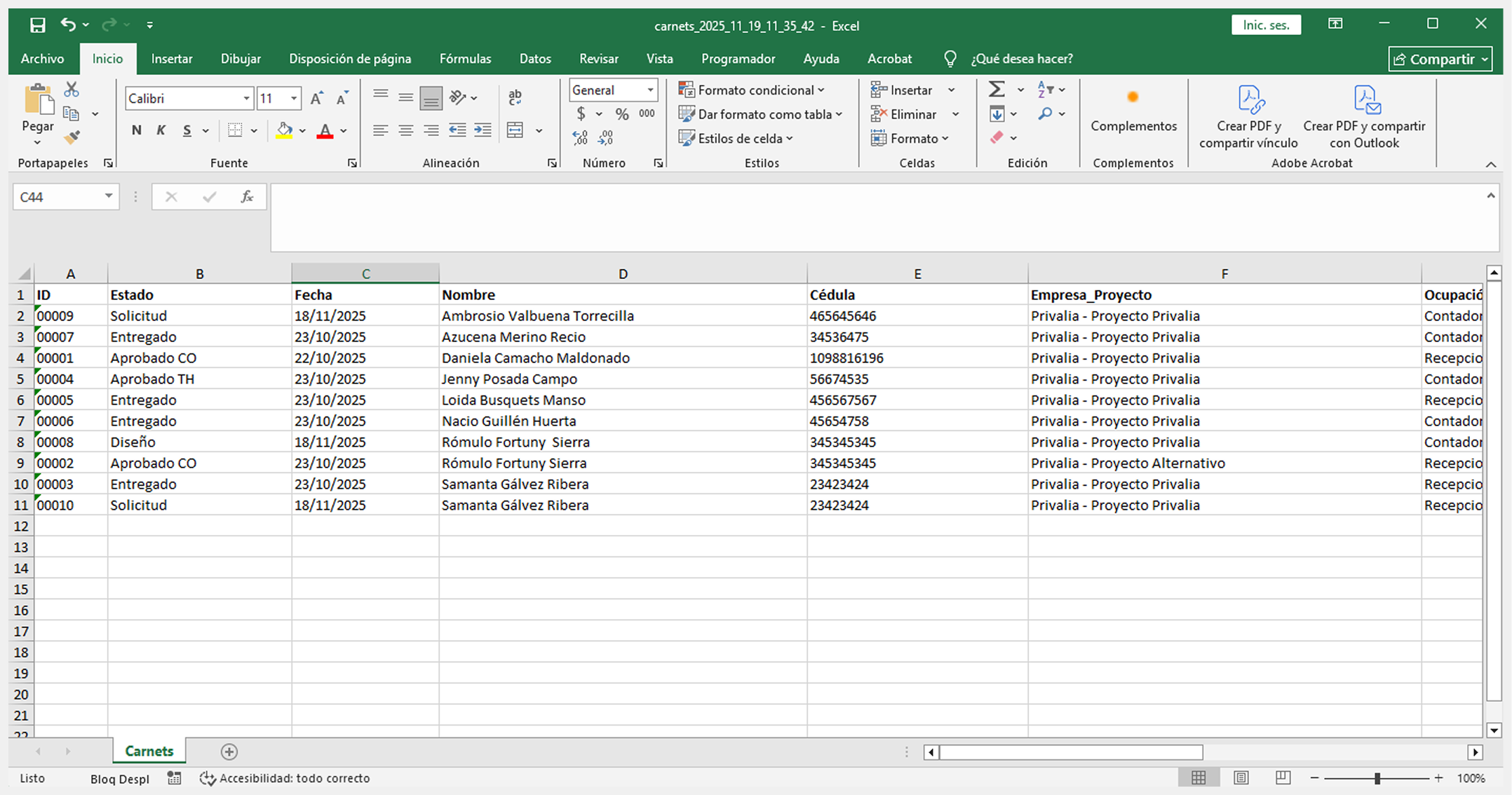 Visual del archivo del excel descargado