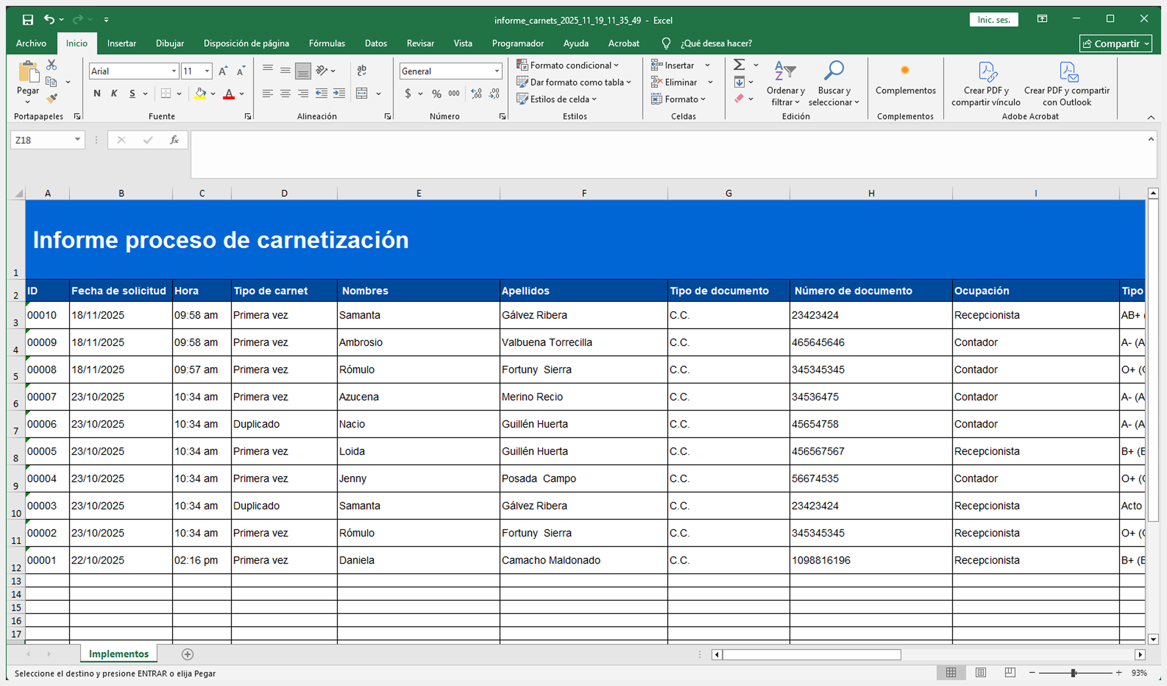 Visual de archvio Excel descargado