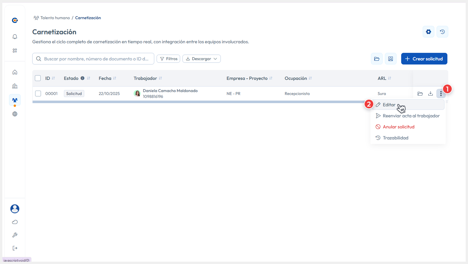 Vista principal apuntando al mneú y seleccionando la opción de Editar