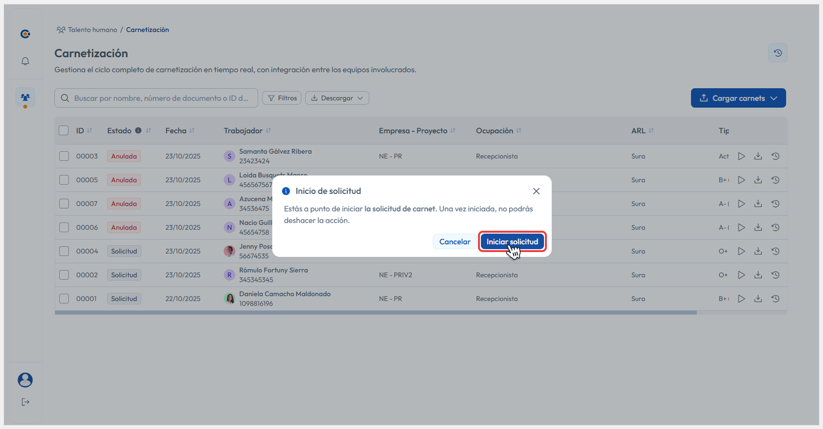 Modal de confirmación sobre la acción de iniciar solicitud