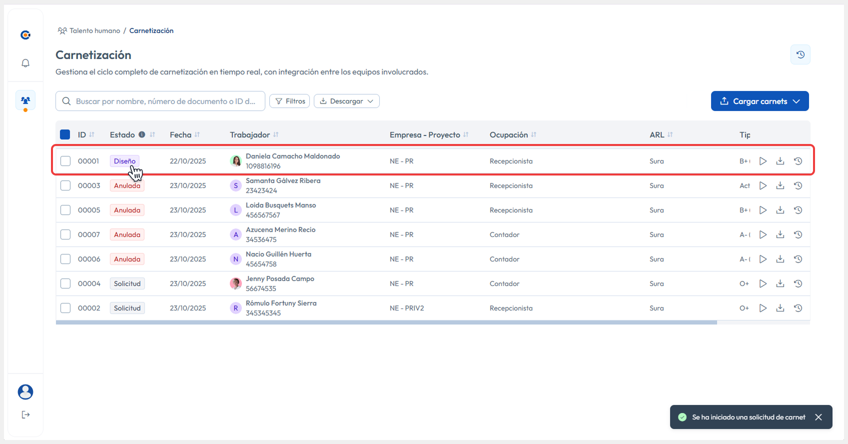 Vista principal apuntando a la solicitud que fue iniciada exitosamente