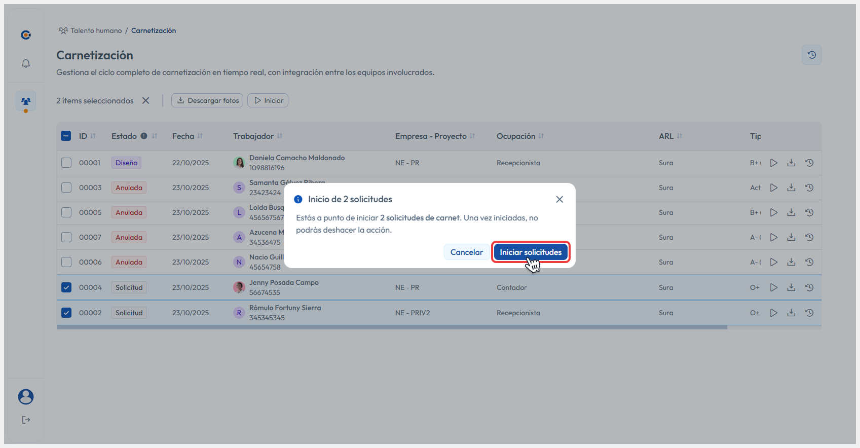 Modal de inicio masiva apuntando al botón de Iniciar solicitudes