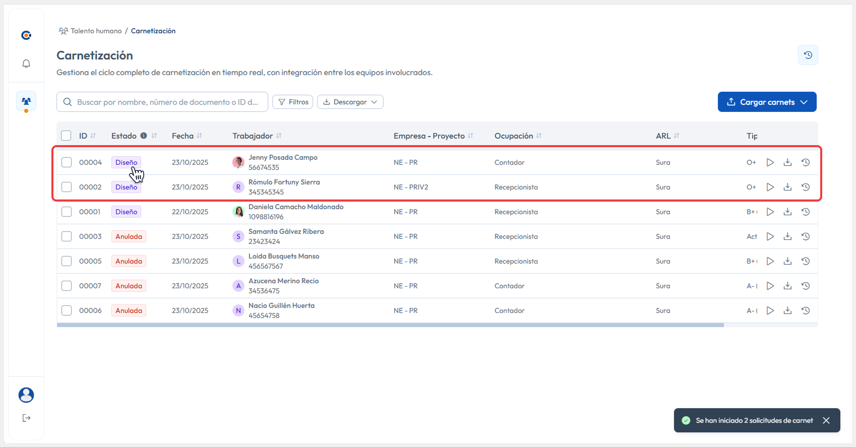 Vista de Carnetización con los registros iniciados