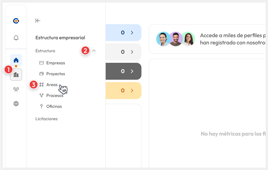 Vista del menú ‘Estructura empresarial’, donde el usuario accede a la sección ‘Áreas’
