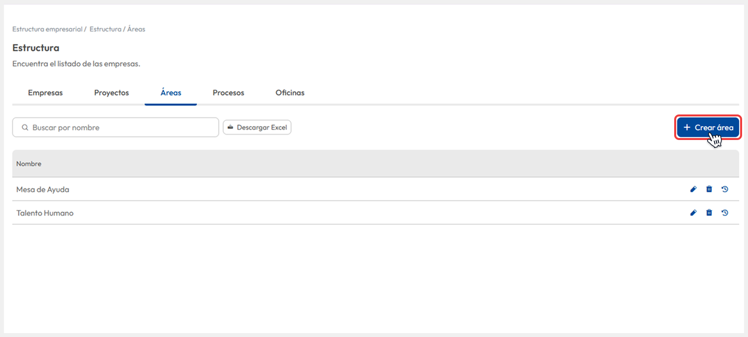 Vista de la sección de áreas donde se selecciona el botón de ‘Crear área’