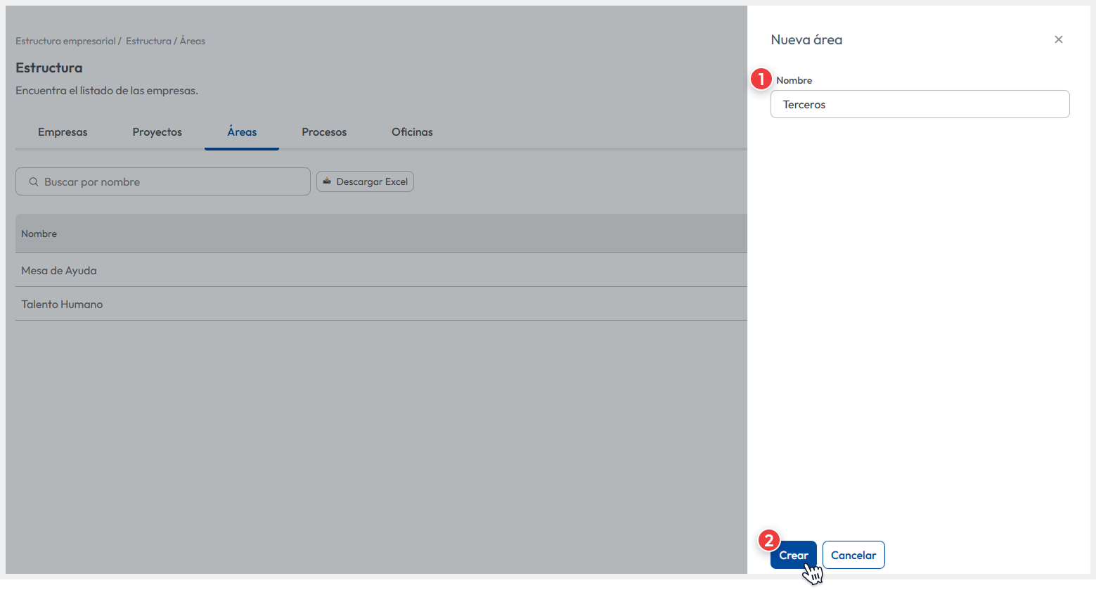 Vista de la ventana ‘Nueva área’, donde el usuario ingresa el nombre correspondiente en el campo indicado y confirma la creación mediante el botón ‘Crear’