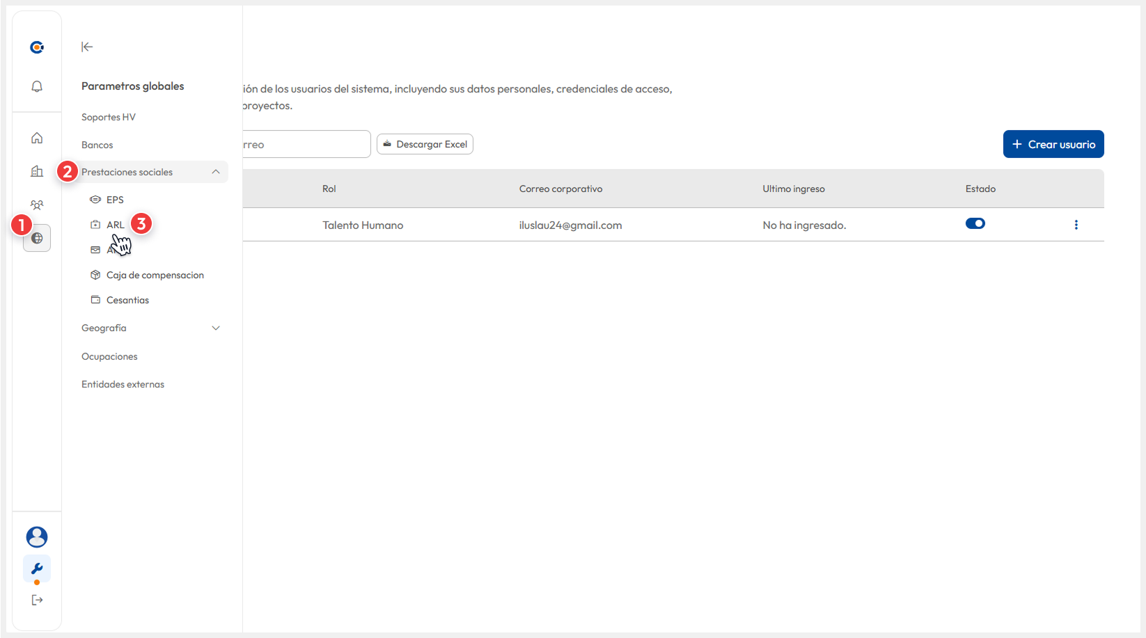 Vista del menú ‘Parámetros globales’, donde se accede a la opción ‘ARL’ dentro de ‘Prestaciones sociales’.