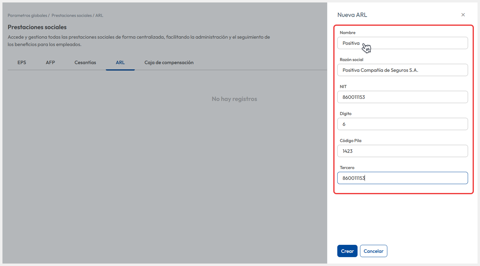 Vista del formulario ‘Nueva ARL’, donde se completan los campos correspondientes antes de confirmar la acción mediante el botón ‘Crear’.