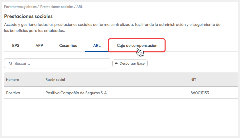 Vista del submódulo ‘Prestaciones sociales’, donde el usuario accede a la sección ‘Caja de compensación’ ubicada en la parte superior