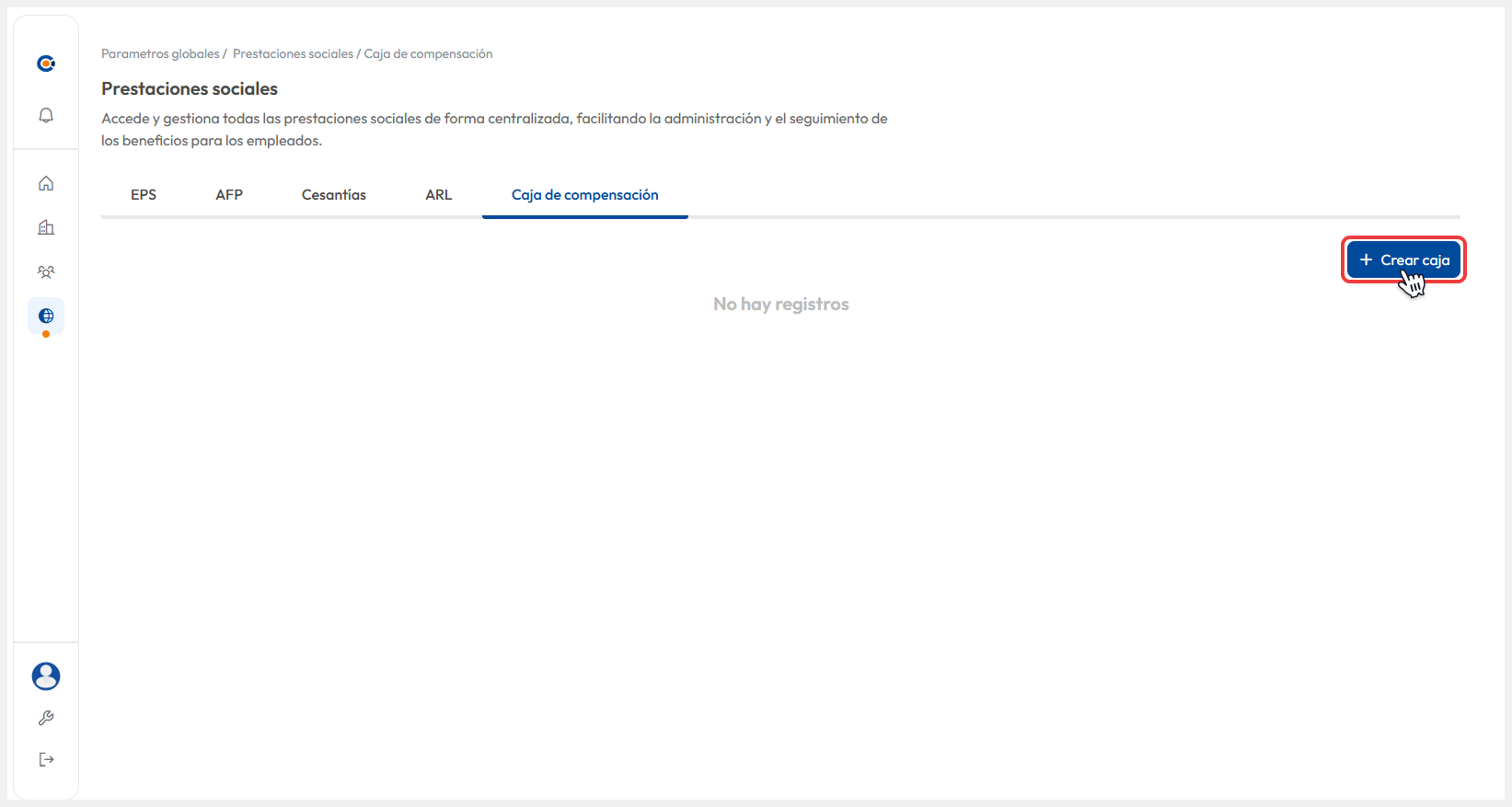 Vista de submódulo de Prestaciones sociales donde se selecciona el botón de ‘Crear caja’