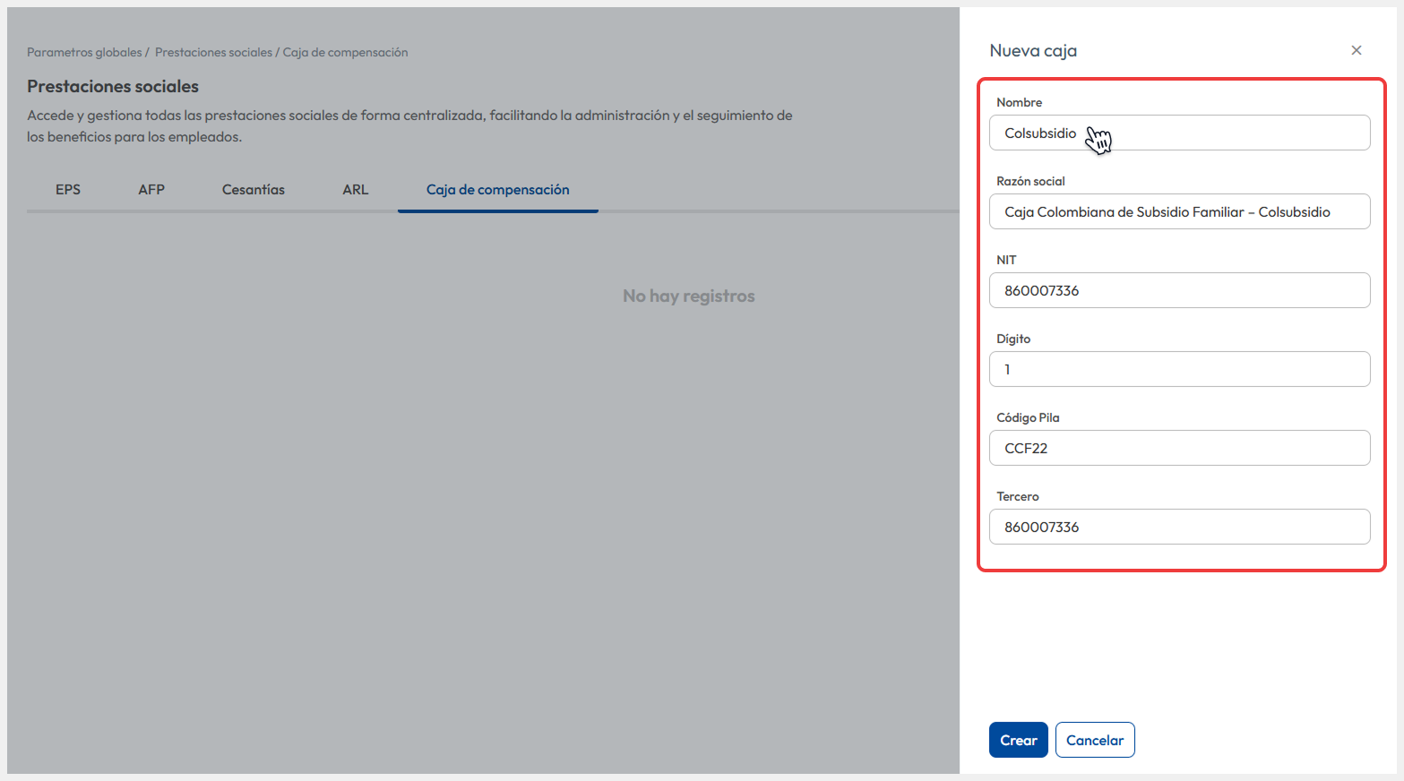 Vista del formulario ‘Nueva caja’, donde se completan los campos correspondientes antes de confirmar la acción mediante el botón ‘Crear’.