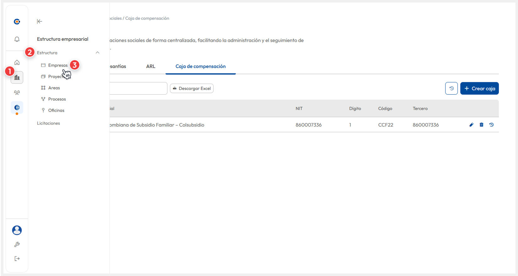 Vista de la barra de navegación lateral, donde el usuario accede a la ruta ‘Estructura empresarial > Estructura > Empresas’