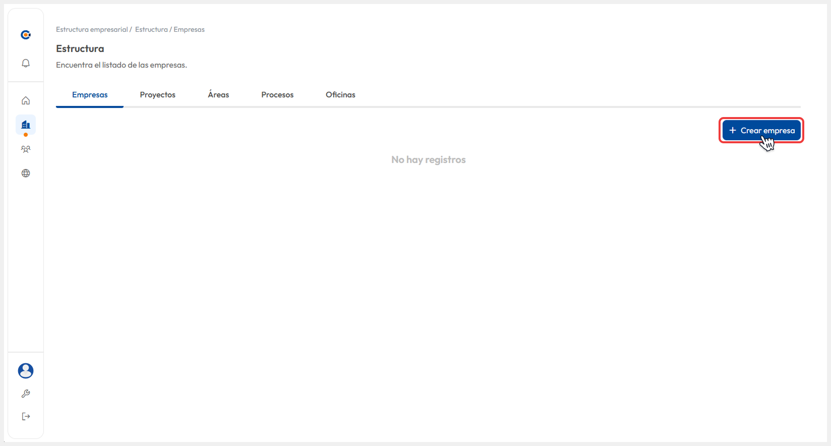Vista de la sección de Empresas donde se selecciona el botón de ‘Crear empresa’