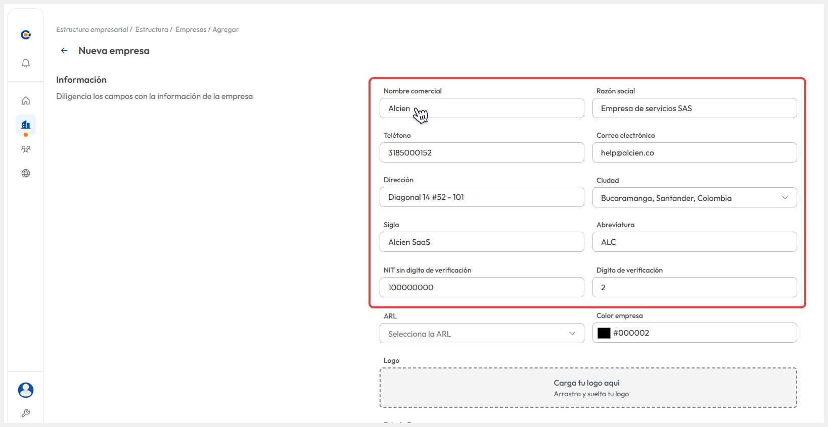 Vista de la pantalla ‘Información básica de la empresa’