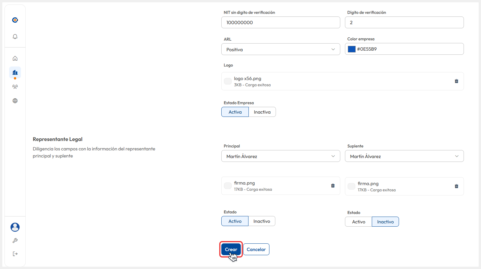 Se confirma la acción mediante el botón ‘Crear’.