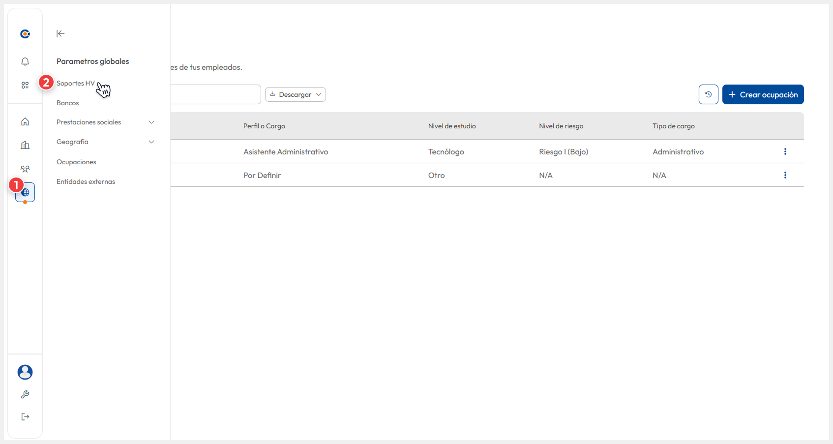 Vista de la barra de navegación lateral, donde el usuario accede a la ruta ‘Parámetros globales > Soportes HV’