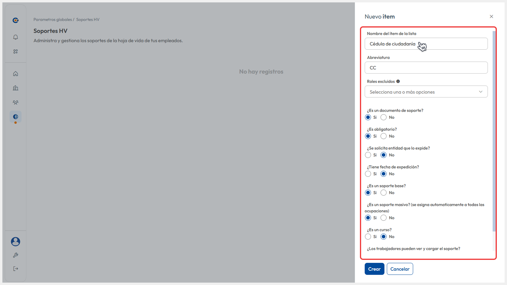 Vista de la pantalla ‘Información del soporte’