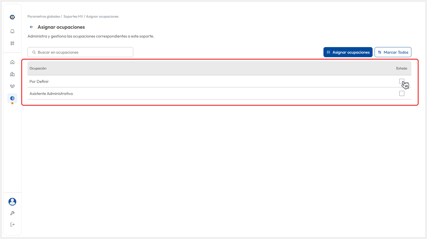 En la vista de Asignar ocupaciones, apareces todas las ocupaciones creadas.