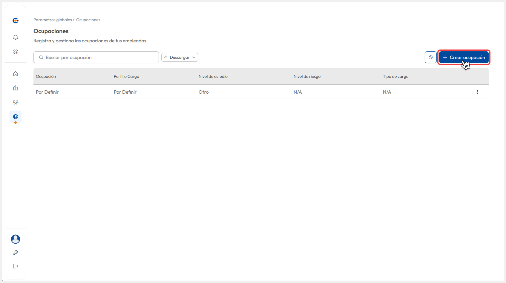 Vista del submódulo de Ocupaciones donde se selecciona el botón de ‘Crear ocupación’