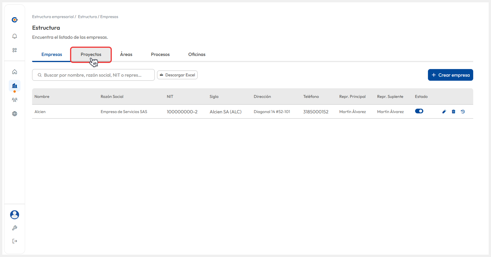 Vista del submódulo ‘Estructura’, donde el usuario accede a la sección ‘Proyectos’ ubicada en la parte superior
