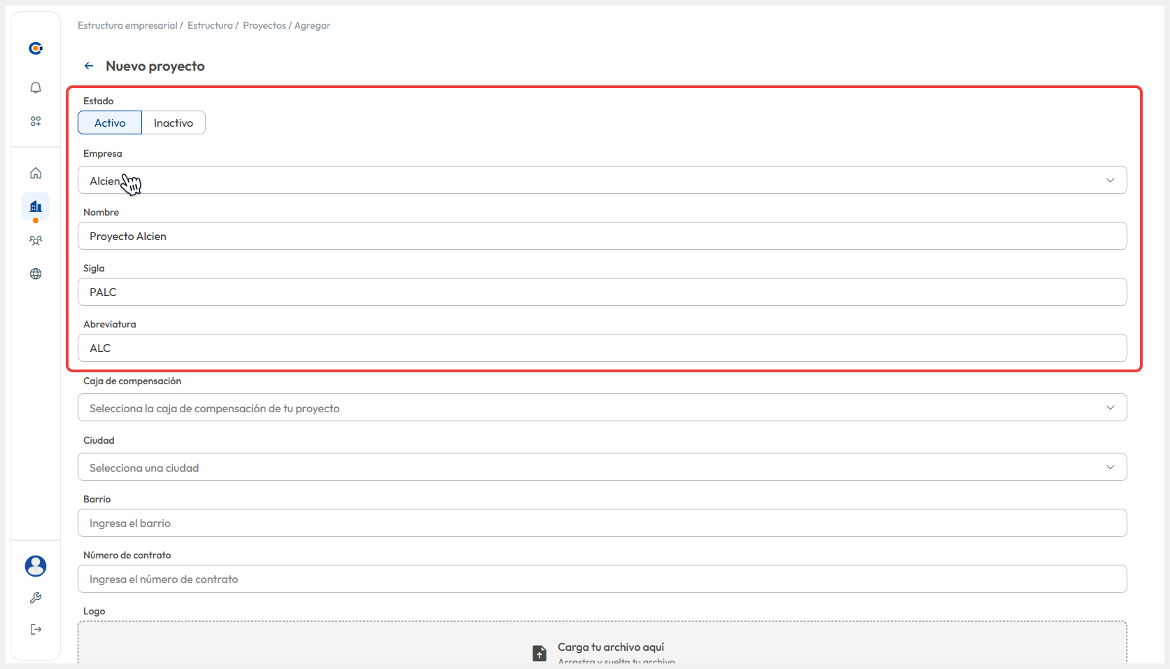 Vista de la pantalla ‘Información básica del proyecto’
