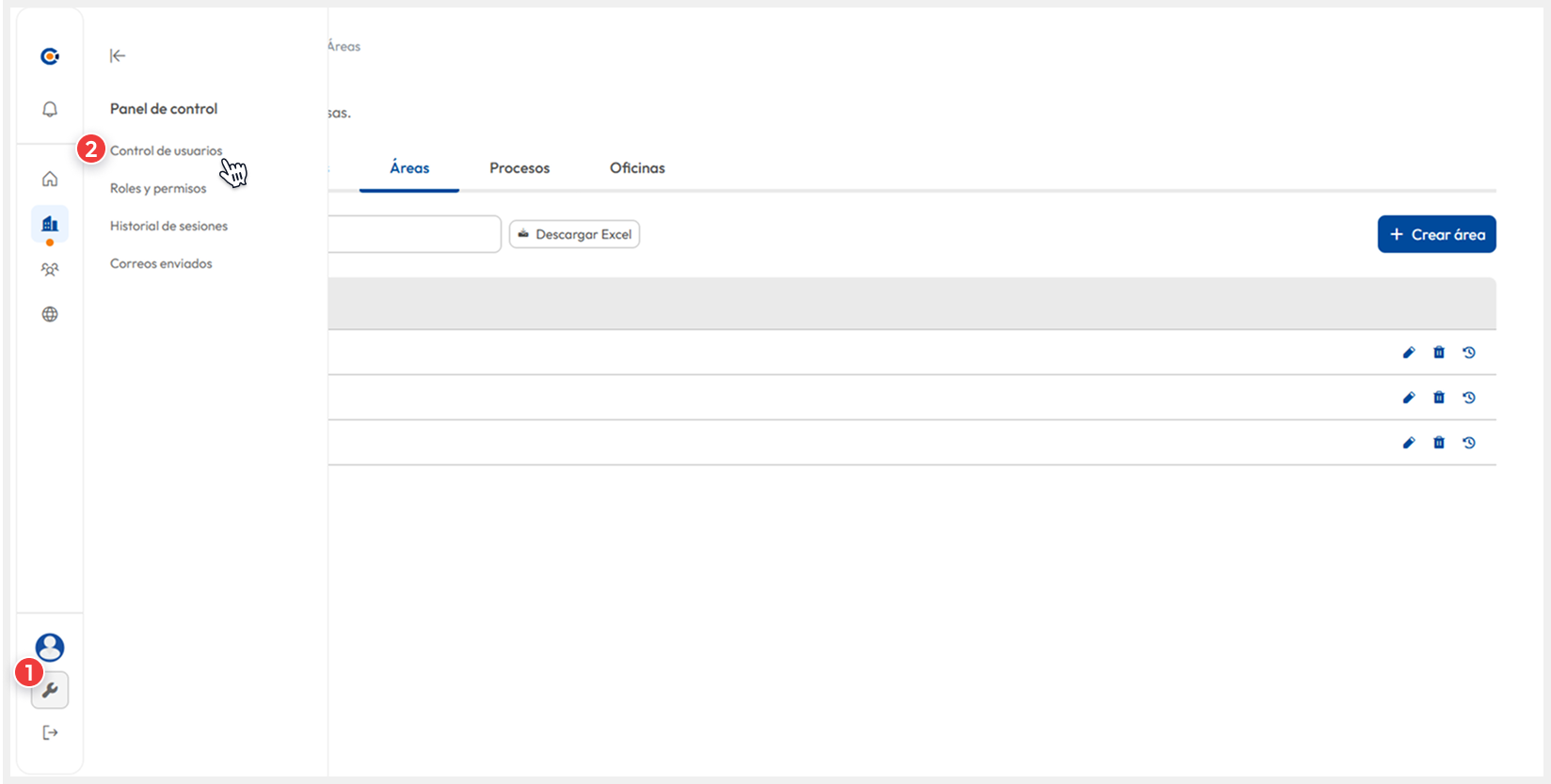 Vista del menú ‘Panel de control’, donde el usuario accede a la opción ‘Control de usuarios’