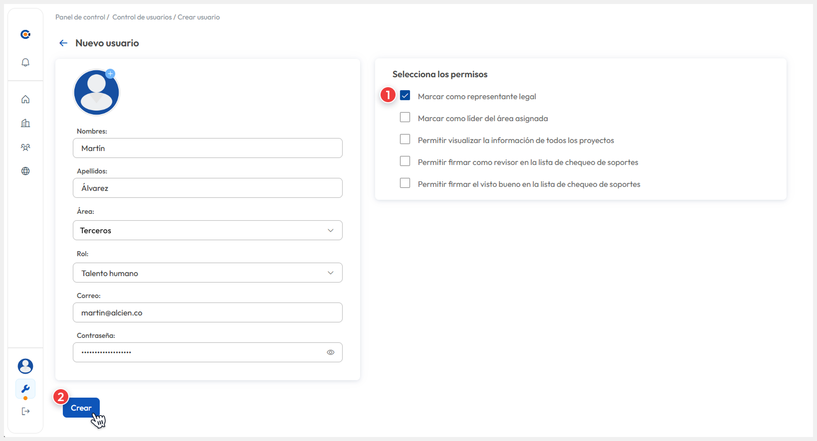 Vista de la sección ‘Selecciona permisos’, donde se habilita la opción ‘Marcar como representante legal’ y se confirma la acción mediante el botón ‘Crear’.