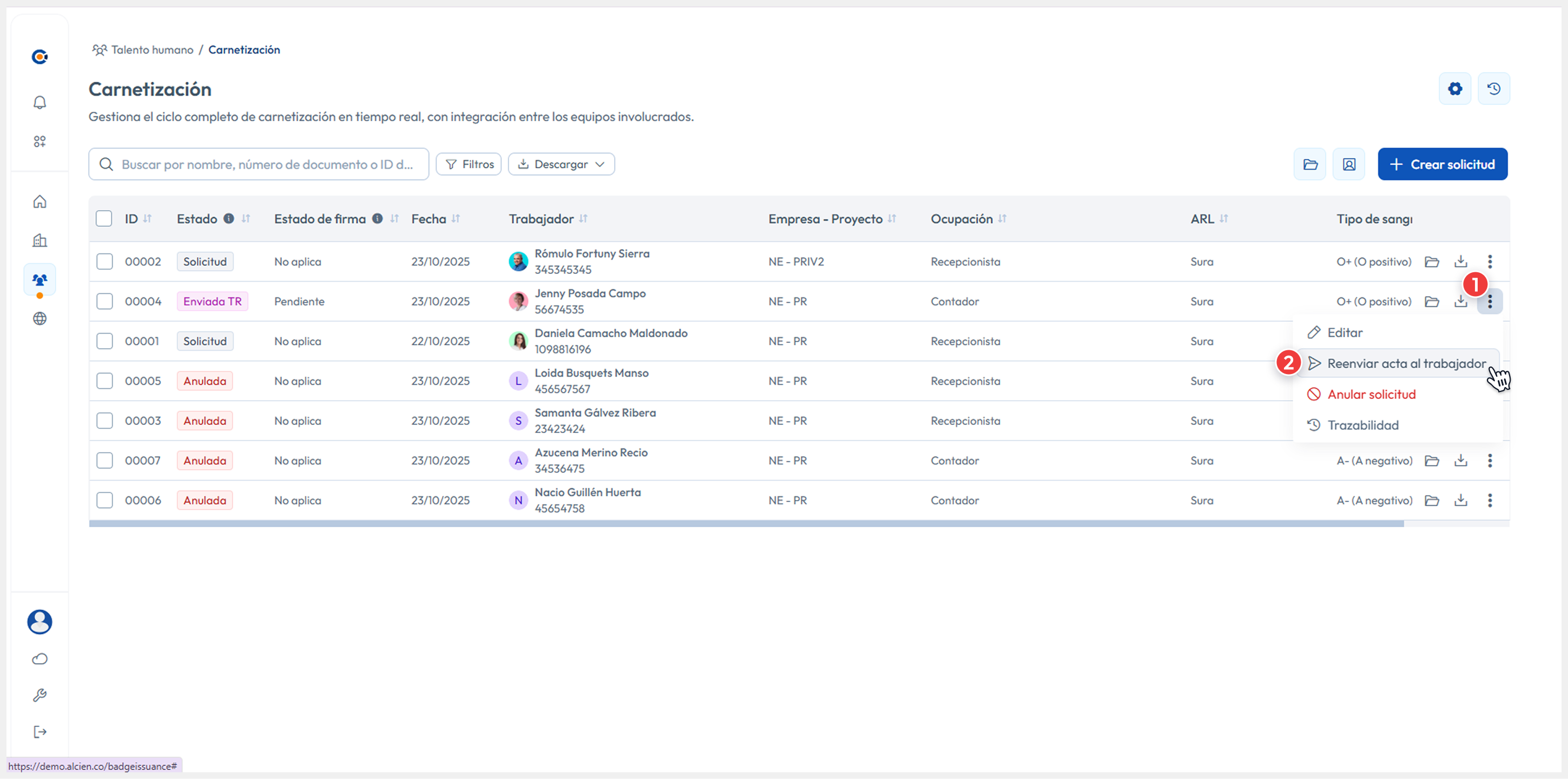 Vista principal apuntando al menú de acciones, dando clic en la acción de Reenviar acta