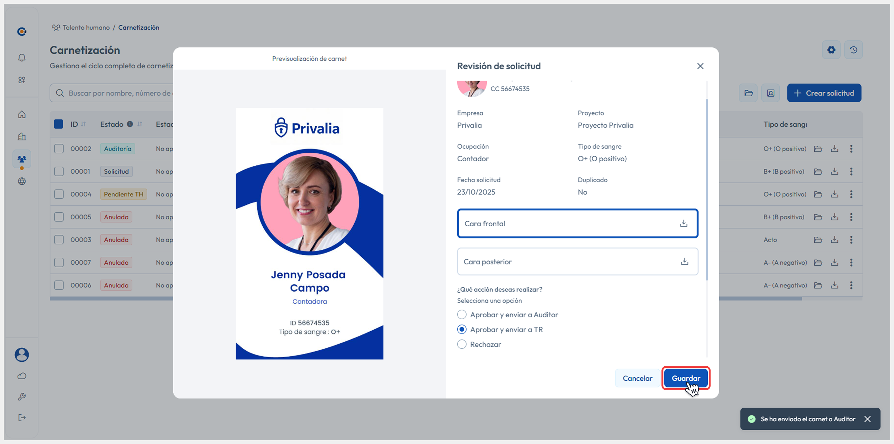 Vista principal apuntando al botón de Revisar > Revisar carnet