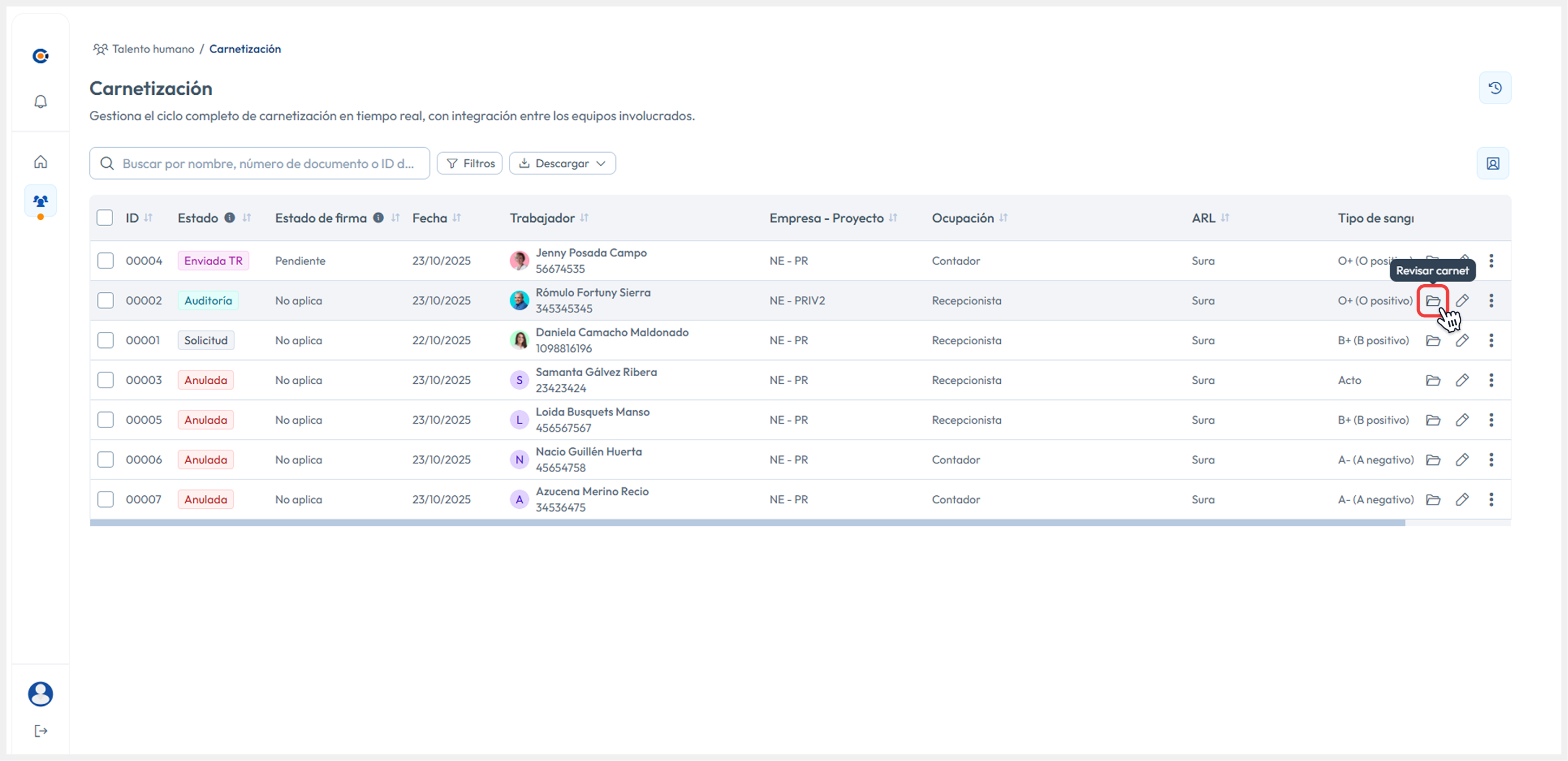 Vista principal apuntando al botón de Revisar > Revisar carnet