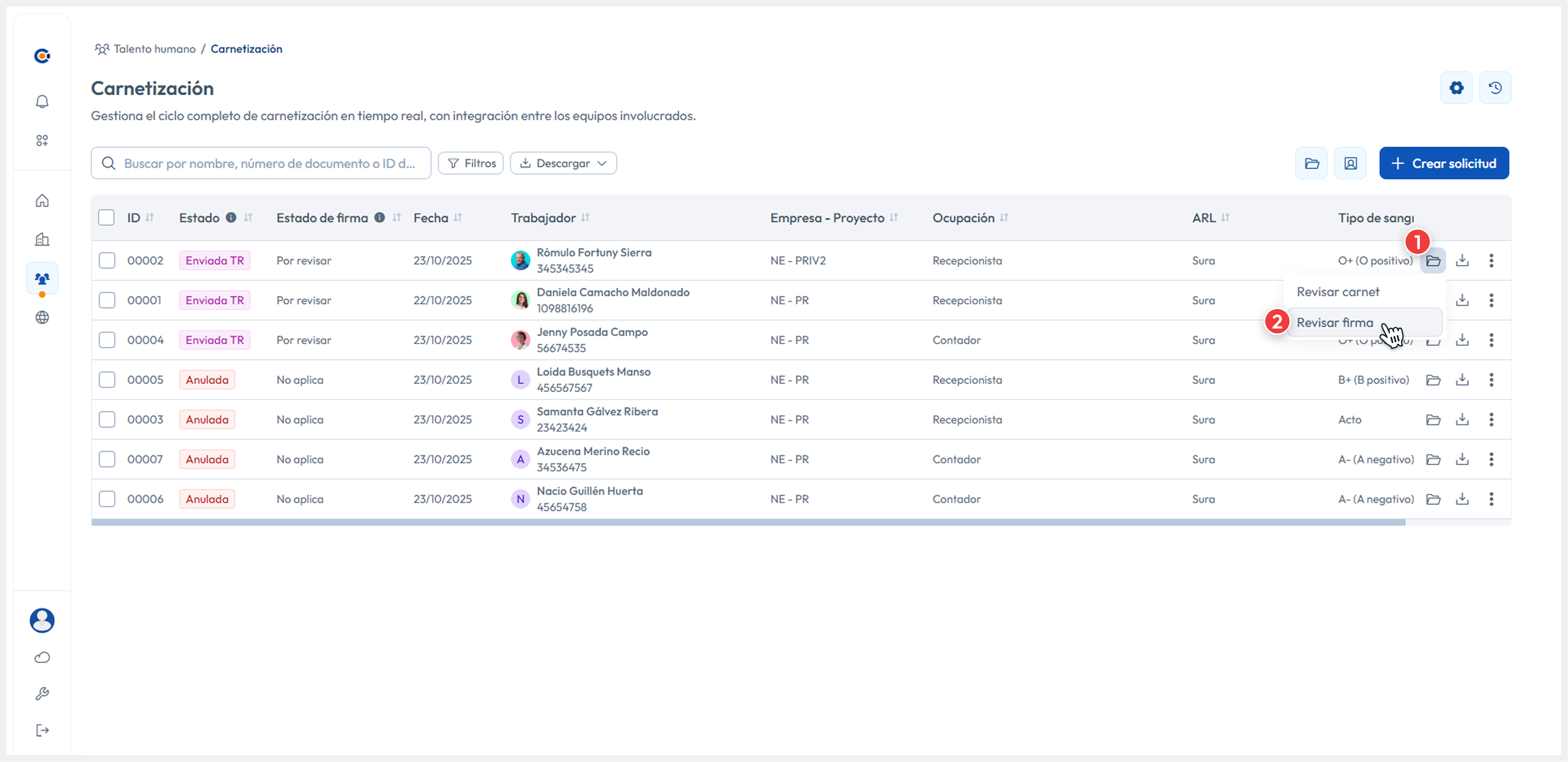Vista principal apuntando al botón de Revisar > Revisar carnet