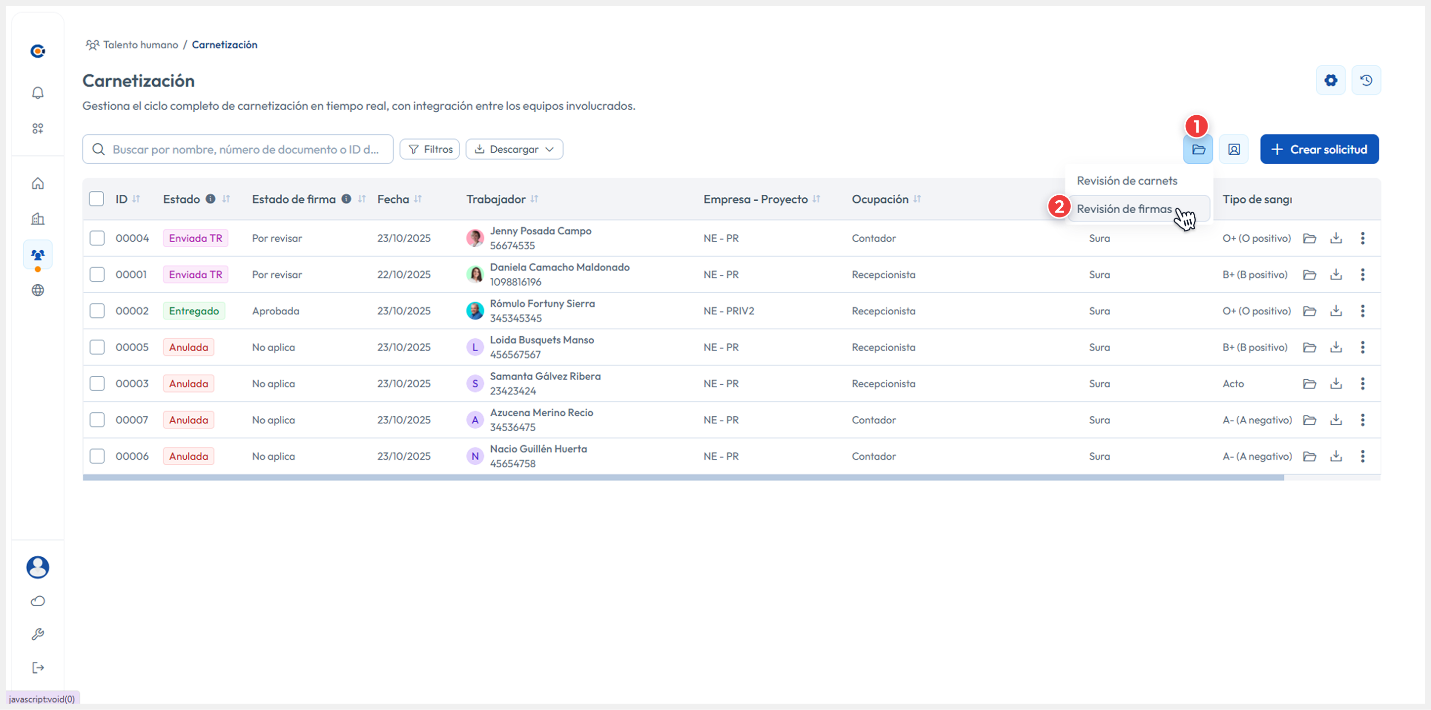 Vista principal apuntando al botón de Revisar > Revisar carnet