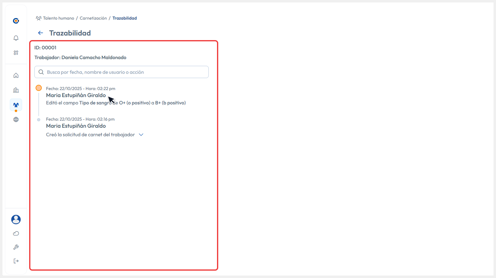 Vista de trazabilidad donde se encuentran todos los registros