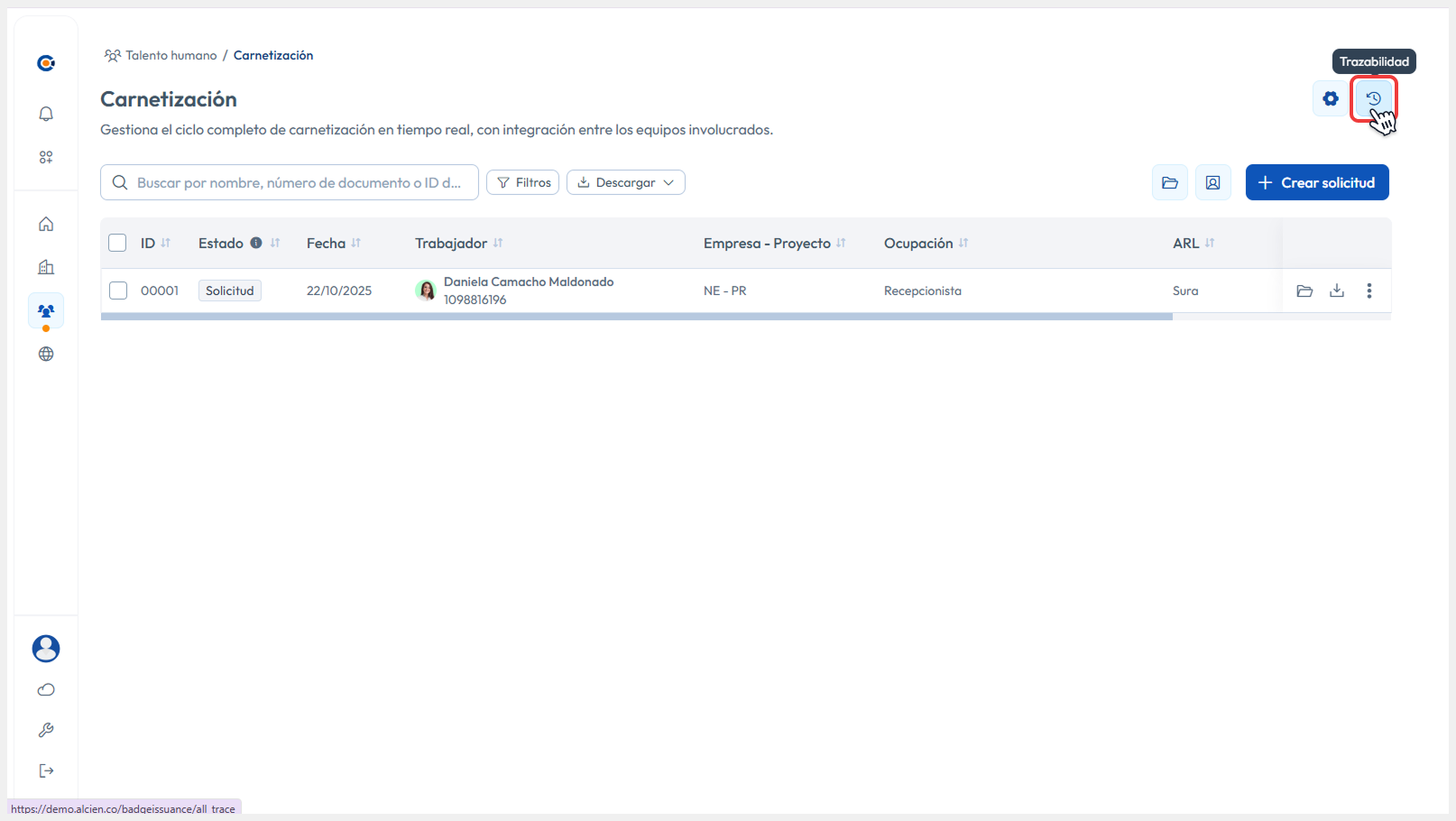 Vista de Carnetización señalando el botón de Trazabilidad masiva