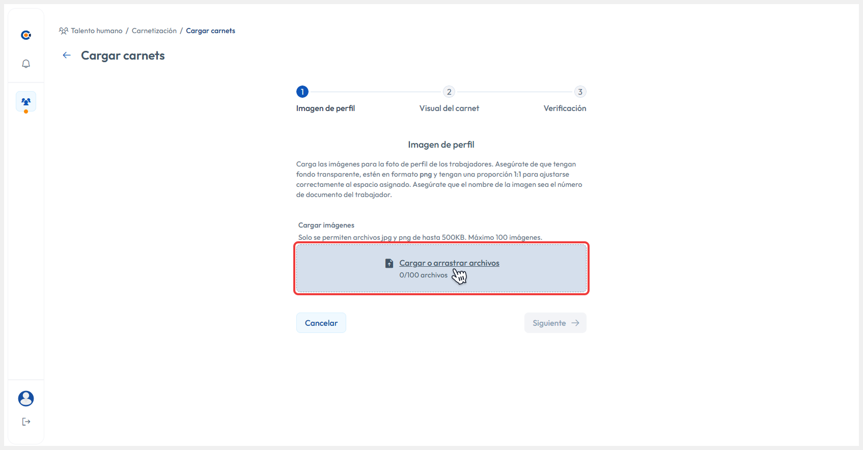 Vista de cargar de imágenes de perfil