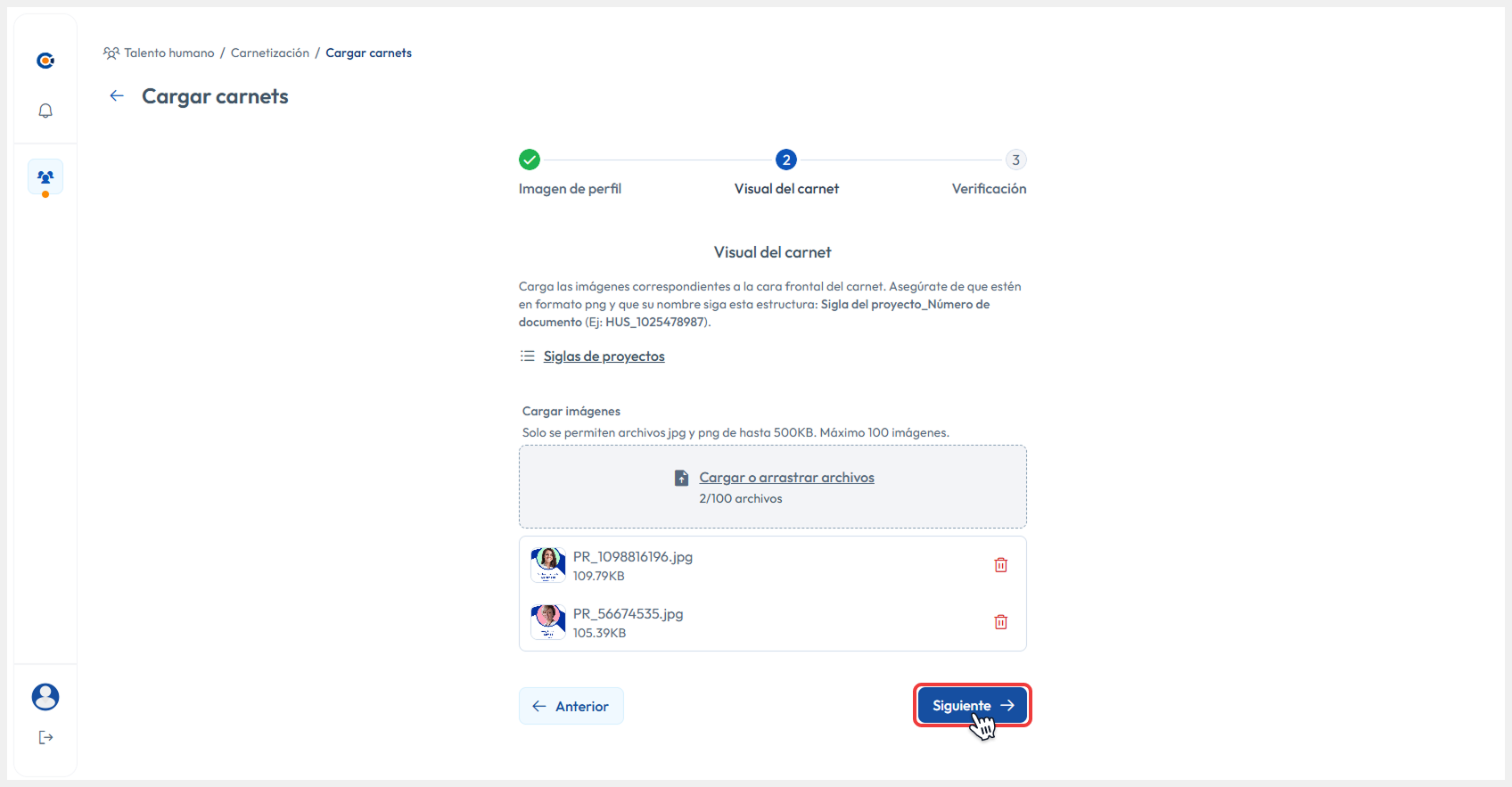 Vista de cargar de cara frontal de los carnets apuntando al botón de Siguiente