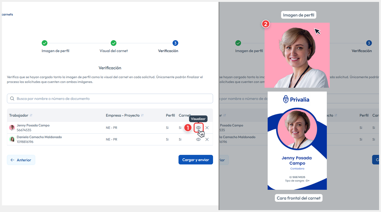 Vista de verificación de trabajadores apuntando al botón de Visualizar
