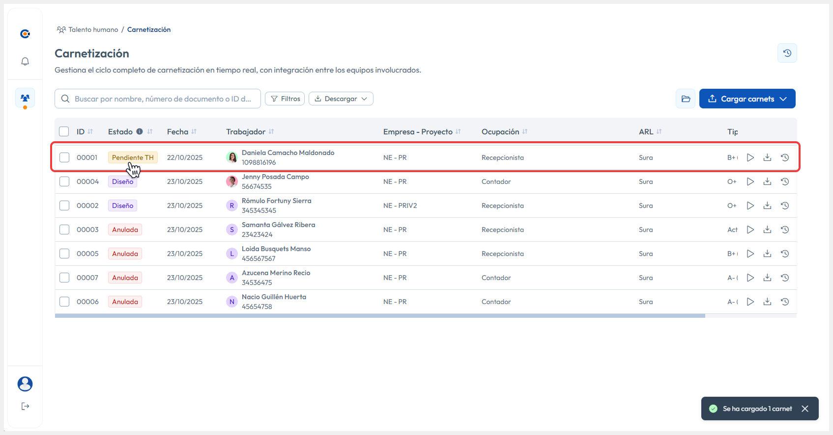 Vista principal apuntando a la solicitud actualizada