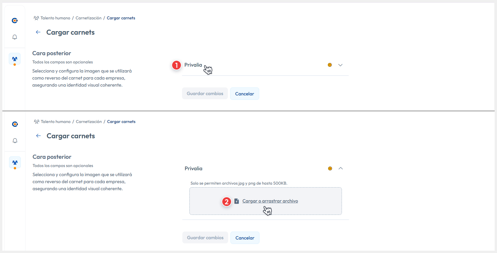 Listado de empresa donde se da clic para expandir la zona de carga